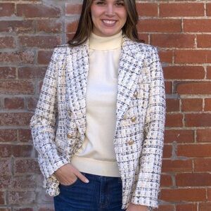 Checked Tweed Double Breasted Fitted Blazer Jacket